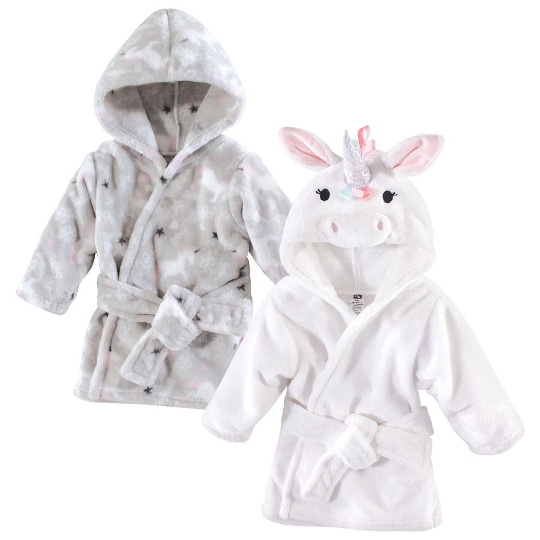 Hudson Baby Infant Girl 2Pc Plush Animal Face Bathrobe, Gray Whimsical Unicorn Rainbow Unicorn, 0-9 Months