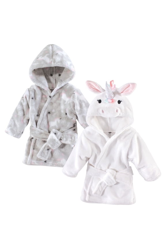 Infant Girl 2Pc Plush Animal Face Bathrobe, Gray Whimsical Unicorn Rainbow Unicorn, 0-9 Months