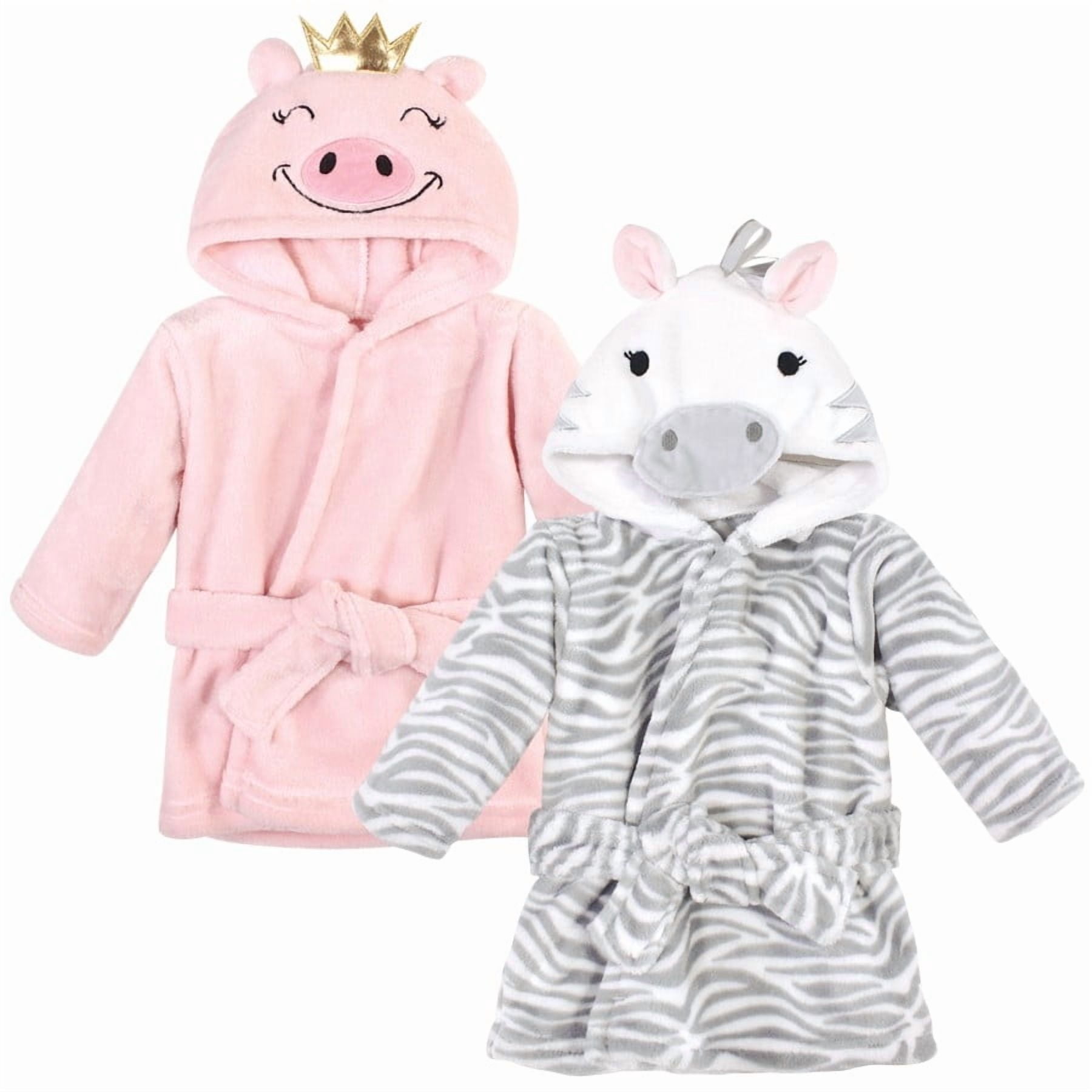 Hudson Baby Infant Girl 2Pc Plush Animal Face Bathrobe, Pig Gray Zebra, 0-9 Months