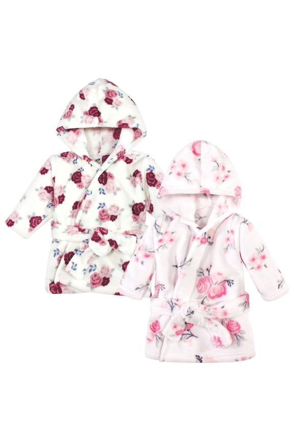 Infant Girl 2Pc Plush Animal Face Bathrobe, Pink Floral Floral, 0-9 Months
