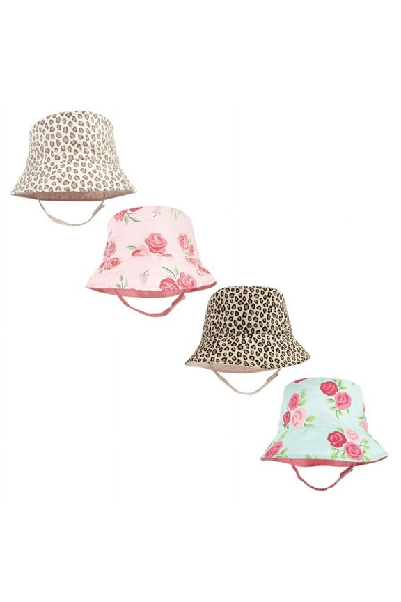 Infant Girl 4Pc Sun Protection Hat, Blush Rose Leopard Mint Floral Leopard, 0-12 Months