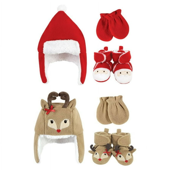 Hudson Baby Infant Girl 6Pc Trapper Hat, Mitten and Bootie Set, Santa Girl Reindeer, 0-6 Months