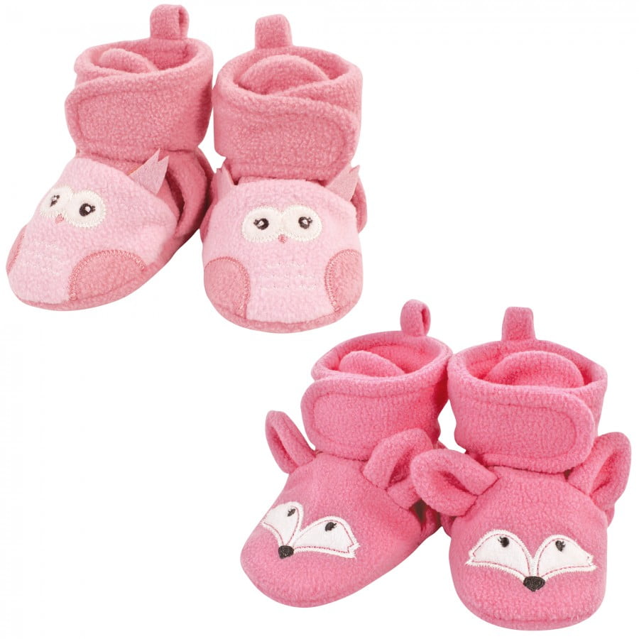 Hudson Baby Infant Girl Animal Fleece Booties 2Pack, Pink Owl Fox, 12