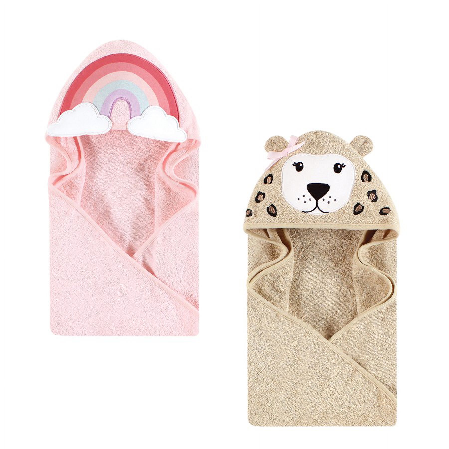 Hudson Baby Infant Girl Cotton Animal Face Hooded Towel Bundle Set, Rainbow Leopard, One Size