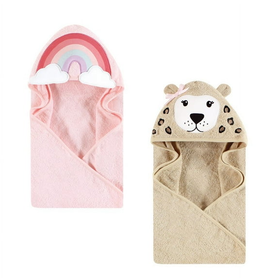 Hudson Baby Infant Girl Cotton Animal Face Hooded Towel Bundle Set, Rainbow Leopard, One Size