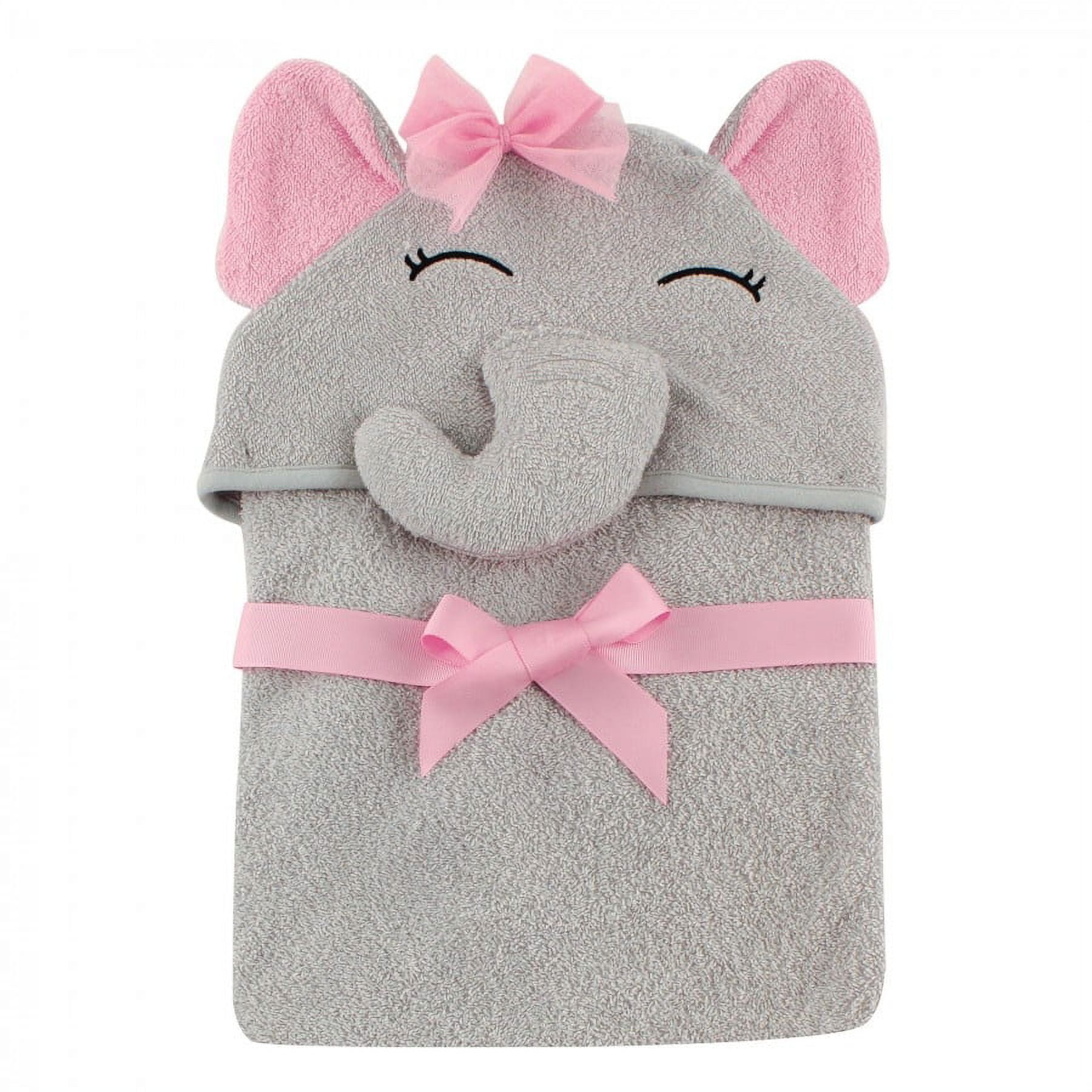 Pretty Elephant Gray and Pink Cotton Hooded Baby Towel Set
