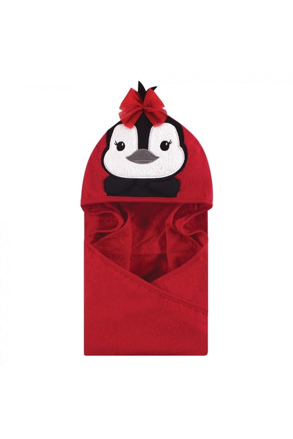 Infant Girl Cotton Animal Hooded Towel, Red Penguin, One Size