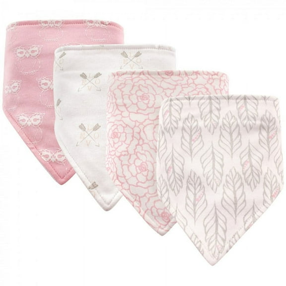 Hudson Baby Infant Girl Cotton Bandana Bibs 4pk, Gray Feather, One Size