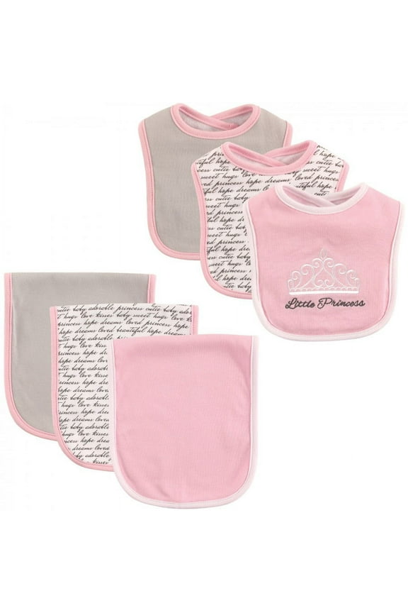 Infant Girl Cotton Bib and Burp Cloth Set 6pk, Princess, One Size