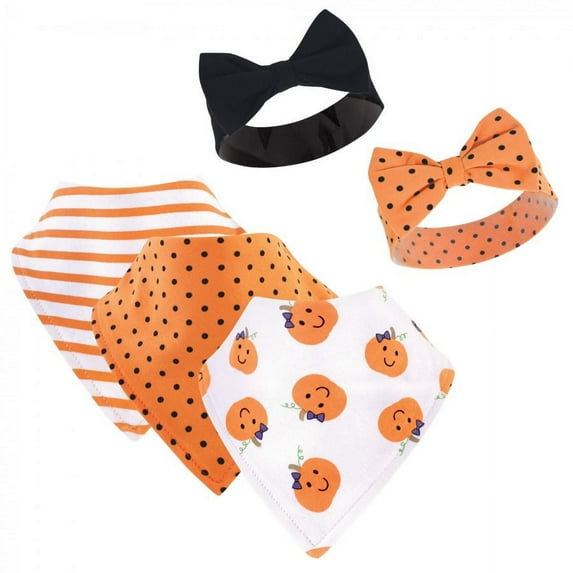 Hudson Baby Infant Girl Cotton Bib and Headband Set 5pk, Girl Pumpkin, One Size