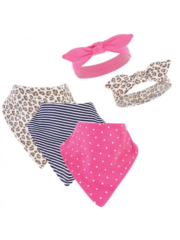 Infant Girl Cotton Bib and Headband Set 5pk, Leopard, One Size
