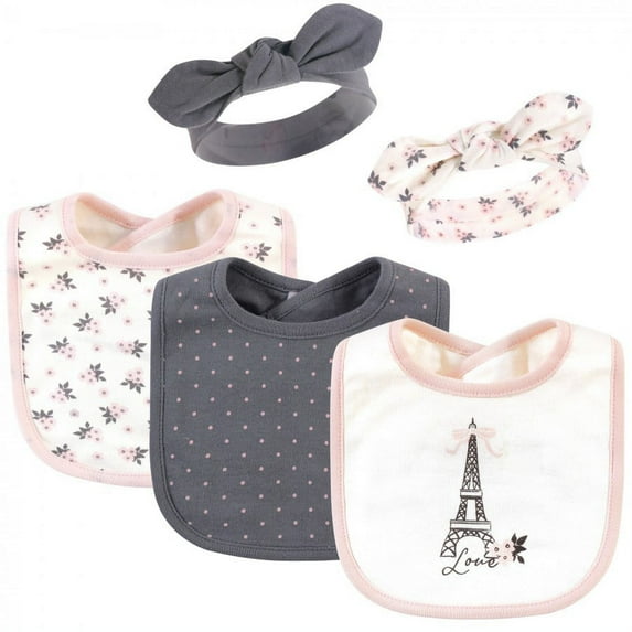 Hudson Baby Infant Girl Cotton Bib and Headband Set 5pk, Paris, One Size