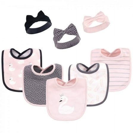 Hudson Baby Infant Girl Cotton Bib and Headband or Caps Set 8pk, Swan, One Size