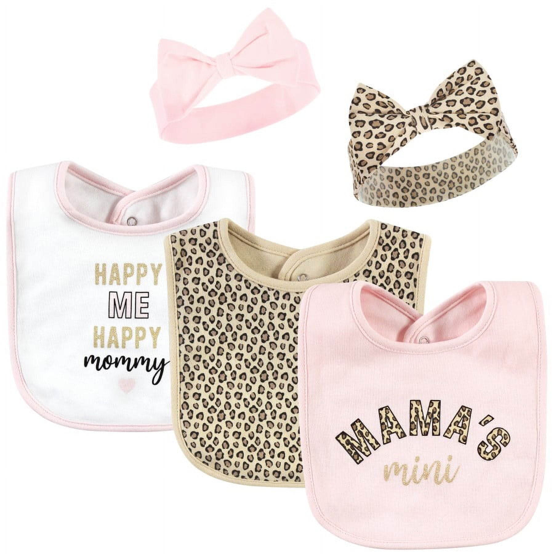 Infant Girl Cotton Bib and Headband or Caps Set, Leopard Mamas Mini, One Size