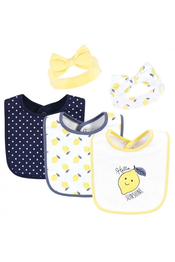 Infant Girl Cotton Bib and Headband or Caps Set, Navy Lemon, One Size