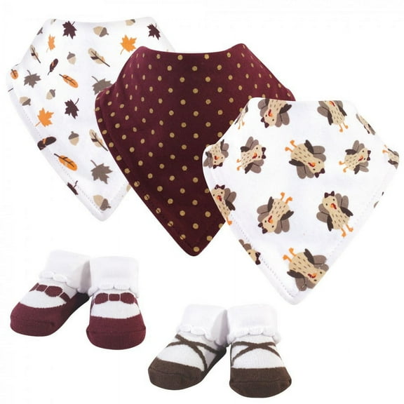 Hudson Baby Infant Girl Cotton Bib and Sock Set 5pk, Girl Turkey, One Size