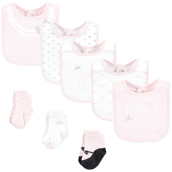 Hudson Baby Infant Girl Cotton Bib and Sock Set, Daddys Princess Crown, One Size