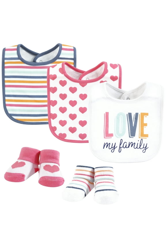 Infant Girl Cotton Bib and Sock Set, Love Family, One Size