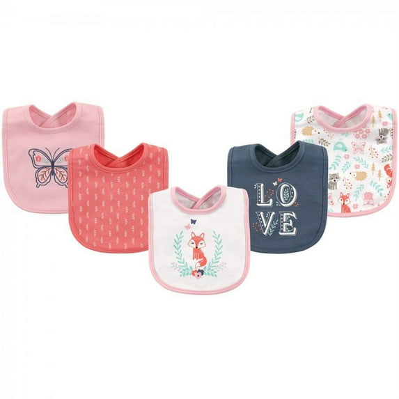 Hudson Baby Infant Girl Cotton Bibs 5pk, Woodland Fox, One Size