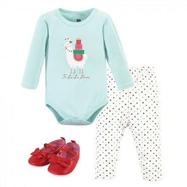 Hudson Baby Infant Girl Cotton Bodysuit, Pant and Shoe 3pc Set, Fa La Llama, 0-3 Months