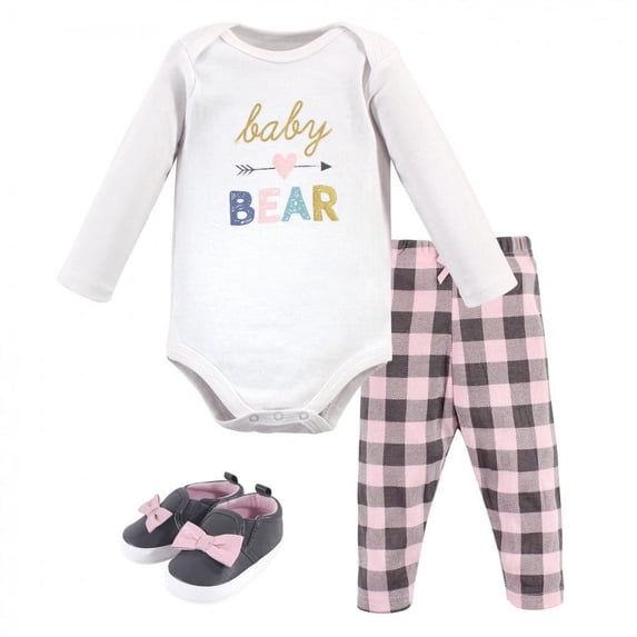 Hudson Baby Infant Girl Cotton Bodysuit, Pant and Shoe 3pc Set, Girl Baby Bear, 3-6 Months