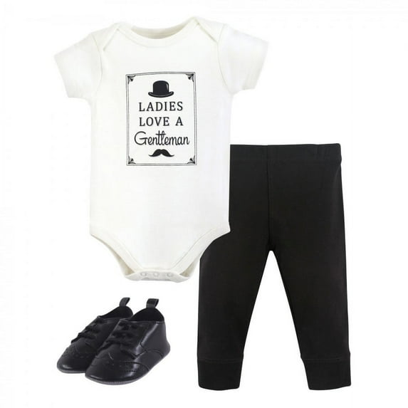 Hudson Baby Infant Girl Cotton Bodysuit, Pant and Shoe 3pc Set, Ladies Love, 9-12 Months