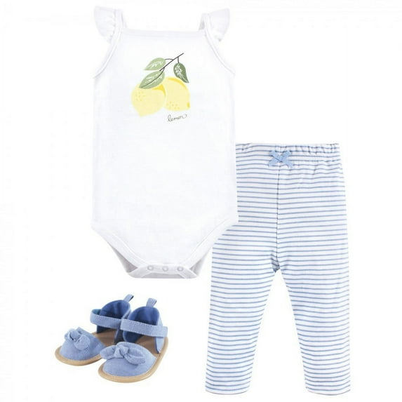 Hudson Baby Infant Girl Cotton Bodysuit, Pant and Shoe 3pc Set, Lemon, 3-6 Months