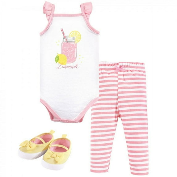 Hudson Baby Infant Girl Cotton Bodysuit, Pant and Shoe 3pc Set, Lemonade, 0-3 Months