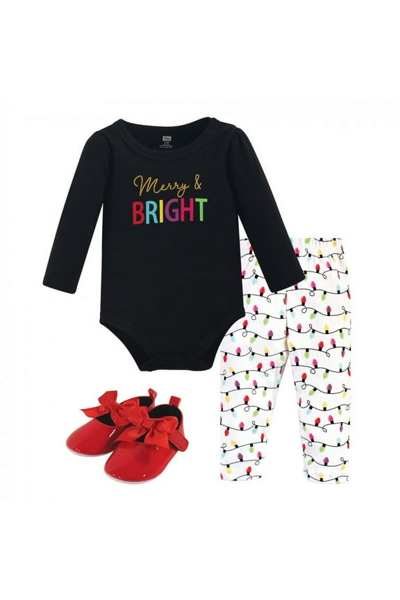 Infant Girl Cotton Bodysuit, Pant and Shoe 3pc Set, Merry & Bright, 0-3 Months