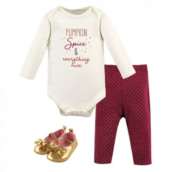 Hudson Baby Infant Girl Cotton Bodysuit, Pant and Shoe 3pc Set, Pumpkin Spice, 3-6 Months
