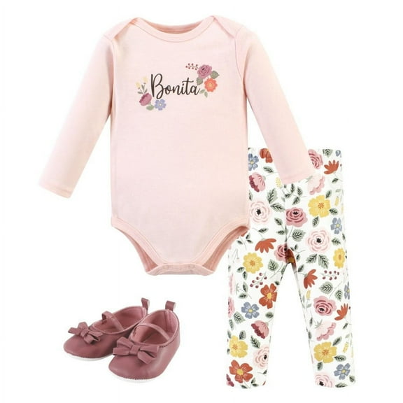 Hudson Baby Infant Girl Cotton Bodysuit, Pant and Shoe Set, Bonita Long Sleeve, 0-3 Months