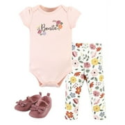 Hudson Baby Infant Girl Cotton Bodysuit, Pant and Shoe Set, Bonita Short Sleeve, Newborn