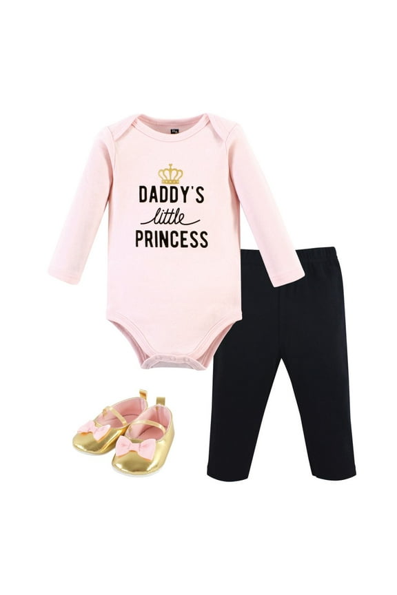 Infant Girl Cotton Bodysuit, Pant and Shoe Set, Daddys Little Princess Pink, Newborn