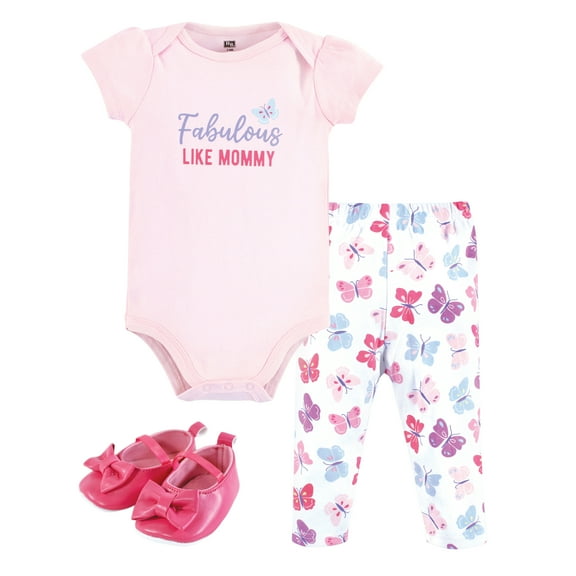 Hudson Baby Infant Girl Cotton Bodysuit, Pant and Shoe Set, Fabulous Butterfly, 12-18 Months