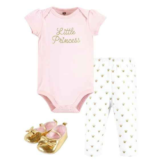 Hudson Baby Infant Girl Cotton Bodysuit, Pant and Shoe Set, Gold Little Princess, 0-3 Months