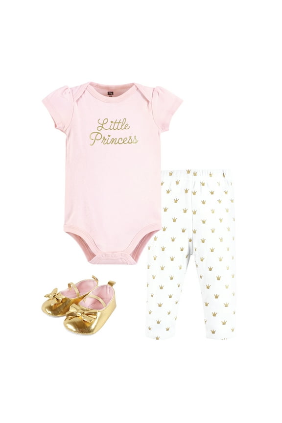 Infant Girl Cotton Bodysuit, Pant and Shoe Set, Gold Little Princess, 12-18 Months
