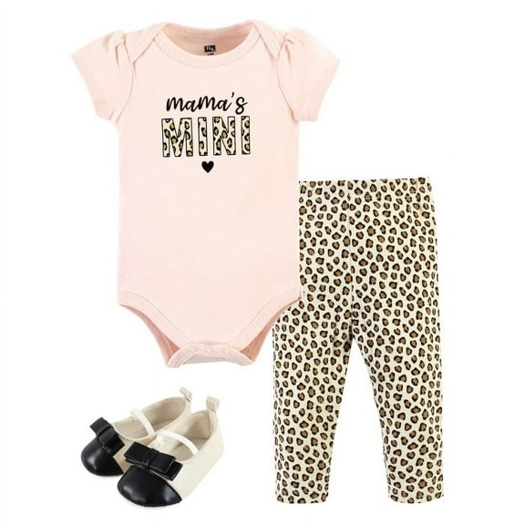 Hudson Baby Infant Girl Cotton Bodysuit, Pant and Shoe Set, Leopard Hearts, Newborn