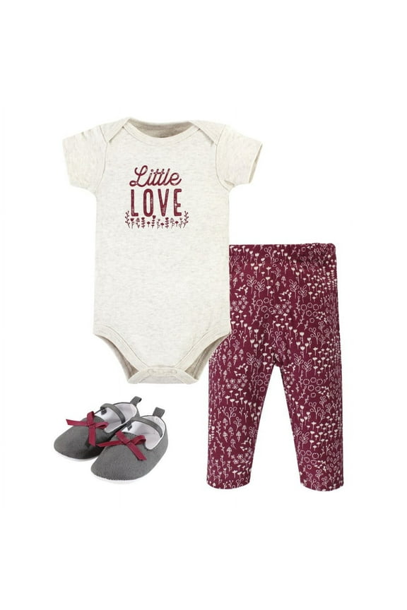 Infant Girl Cotton Bodysuit, Pant and Shoe Set, Little Love Flowers, 0-3 Months