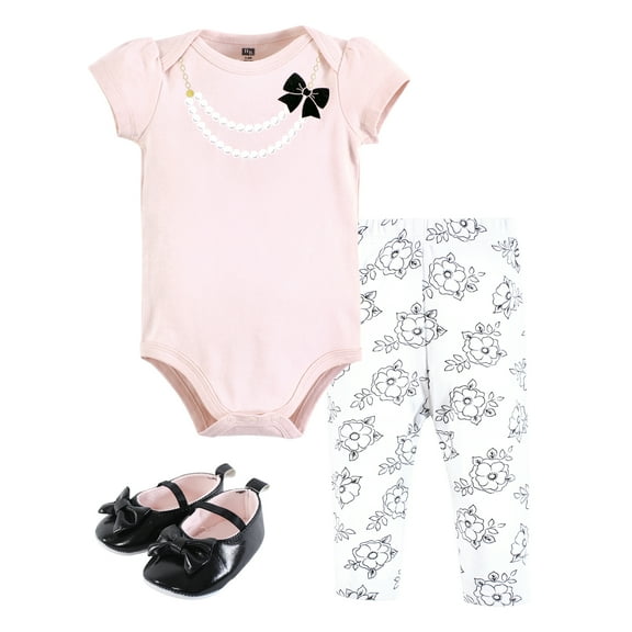 Hudson Baby Infant Girl Cotton Bodysuit, Pant and Shoe Set, Pink Black Necklace, 12-18 Months