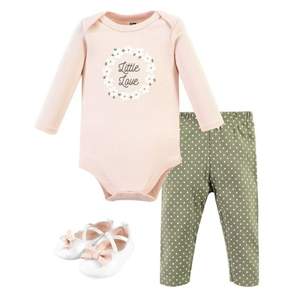 Hudson Baby Infant Girl Cotton Bodysuit, Pant and Shoe Set, Sage Floral Wreath Long Sleeve, Newborn