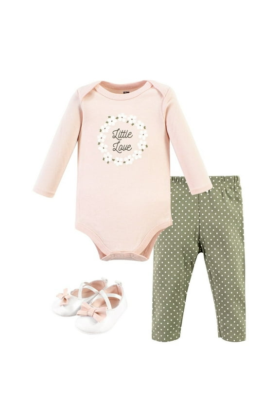 Infant Girl Cotton Bodysuit, Pant and Shoe Set, Sage Floral Wreath Long Sleeve, Newborn