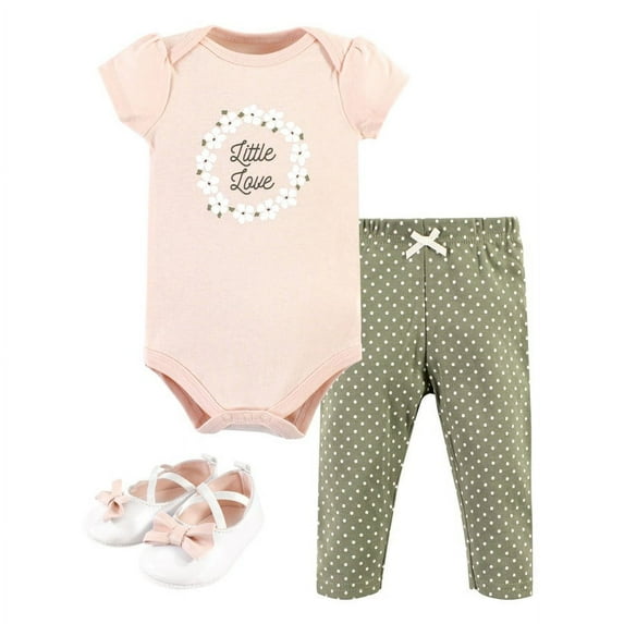 Hudson Baby Infant Girl Cotton Bodysuit, Pant and Shoe Set, Sage Floral Wreath Short Sleeve, 6-9 Months