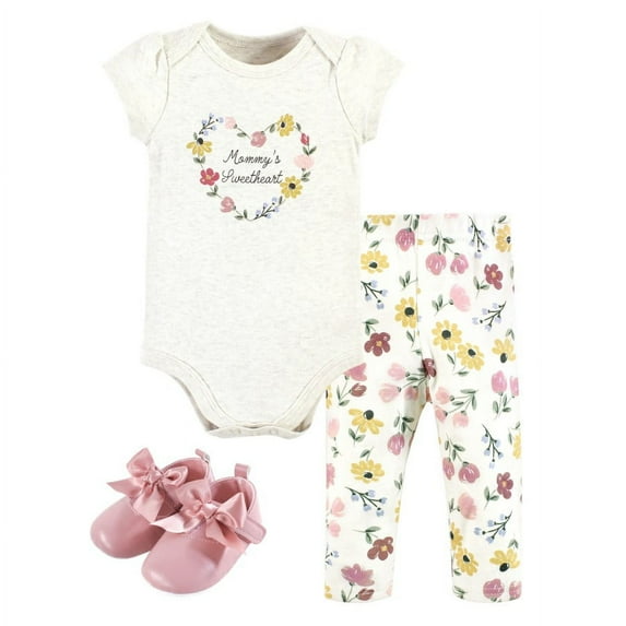 Hudson Baby Infant Girl Cotton Bodysuit, Pant and Shoe Set, Soft Painted Floral, 9-12 Months