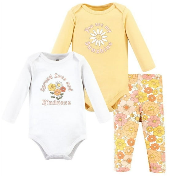 Hudson Baby Infant Girl Cotton Bodysuit and Pant Set, Peace Love Flowers Long Sleeve, 3-6 Months