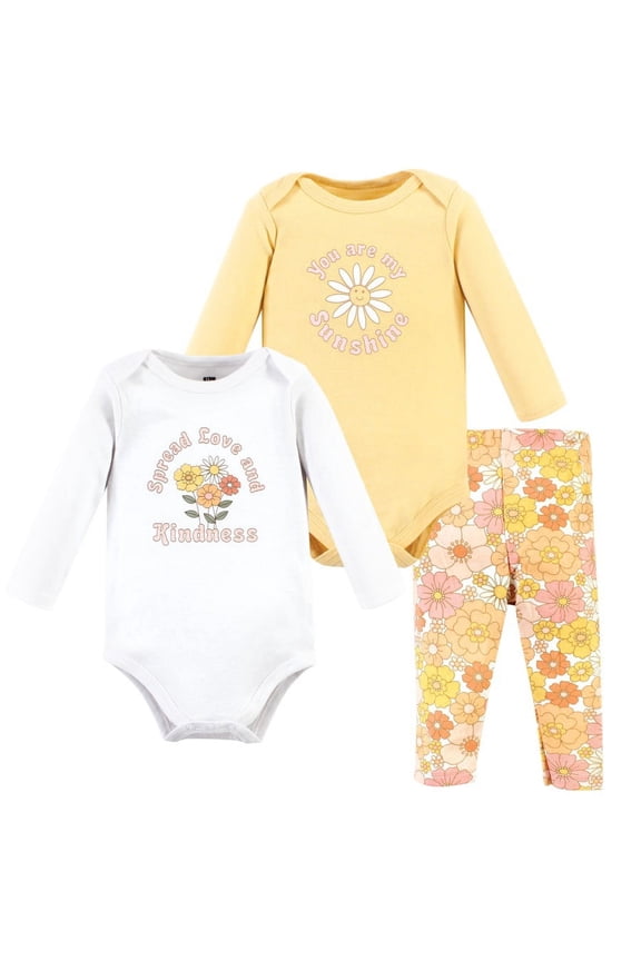 Infant Girl Cotton Bodysuit and Pant Set, Peace Love Flowers Long Sleeve, Newborn