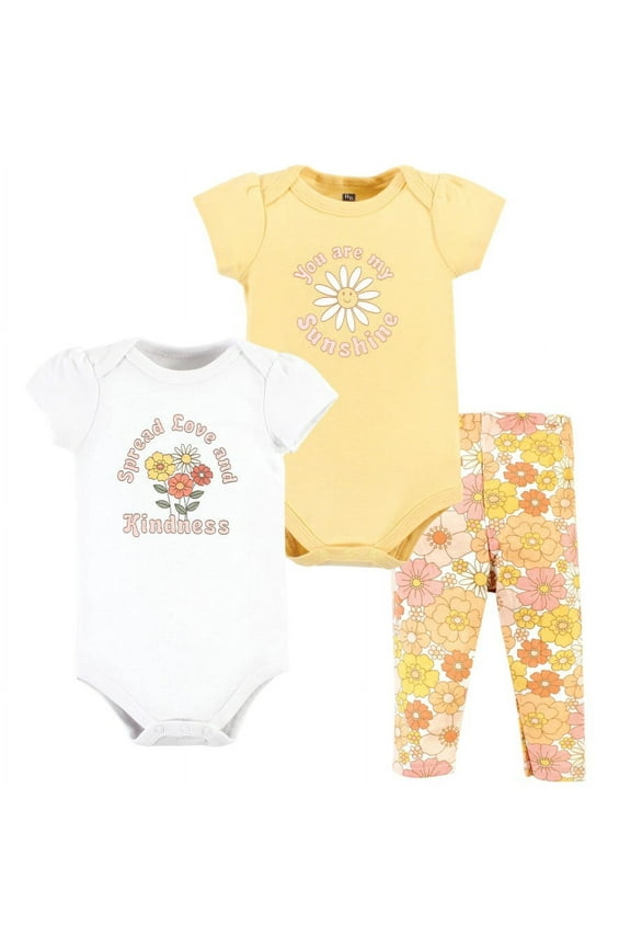 Infant Girl Cotton Bodysuit and Pant Set, Peace Love Flowers Short Sleeve, Preemie