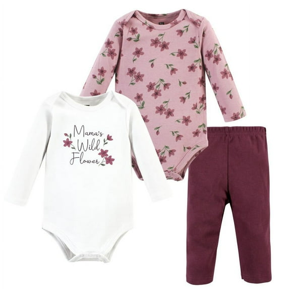 Hudson Baby Infant Girl Cotton Bodysuit and Pant Set, Plum Wildflower Long Sleeve, Preemie