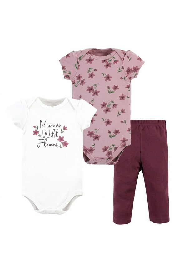 Infant Girl Cotton Bodysuit and Pant Set, Plum Wildflower Short Sleeve, Newborn