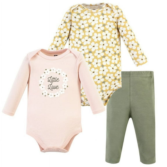 Hudson Baby Infant Girl Cotton Bodysuit and Pant Set, Sage Floral Wreath Long Sleeve, Preemie