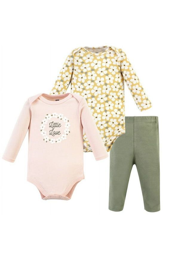 Infant Girl Cotton Bodysuit and Pant Set, Sage Floral Wreath Long Sleeve, Preemie